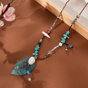 Collier Statement Bohème Vintage <span class=keywords><strong>en</strong></span> Perles d'Eau Douce et Turquoise Naturelle avec Pendentif Feuille d'Arbre pour Femme - Product Image 2