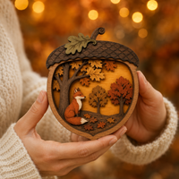 Boîte à ombres 3D personnalisée en forme de gland superposé |   Scène de forêt d'automne découpée au laser en contreplaqué de peuplier |   Décoration murale sur le thème de la faune : renard