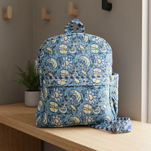 Sac à dos scolaire bleu vintage à motif floral brodé à la main avec fermeture éclair, en tissu de coton matelassé, écologique, recyclable, grande capacité - Product Image 2