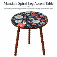 Table ronde à pieds torsadés en spirale avec plateau floral Mandala, table d'appoint détachable en bois massif pour salon