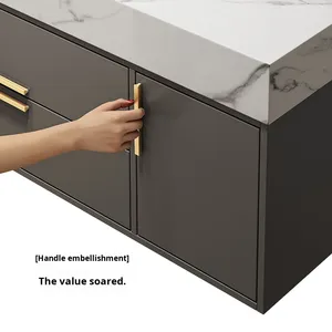 Conjunto de Armário de Banheiro com Lavabo de Cerâmica Sem Costura em Laje de Rocha, Armário Personalizado em Madeira Sólida Multi-camadas para Uso Doméstico - Product Image 5