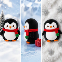Peluche pingouin kawaii ultra douce avec écharpe tricotée rouge et pompon vert pour cadeau de Noël