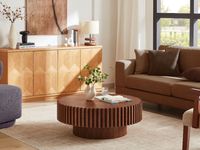 AJUNION Table basse ronde minimaliste italienne Meuble de salon Table centrale Table basse en bois cannelé noyer