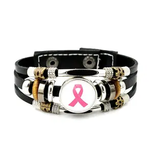 Groothandel Borstkanker Roze Lint Logo Tijd Edelsteen Armband Punk Stijl Multi Layer Kralen Sieraden