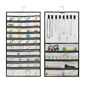 Hanging Jewelry Organizer Double Sided With Pockets <b>For</b> Earrings Necklaces Rings <b>Makeup</b> Brushes <b>Storage</b> Bag Hook Type Rectangle - Product Image 1