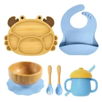 Assiette à ventouse en bois pour bébé, bol, cuillère, fourchette, assiette à dîner, vaisselle, bavoir pour enfants, ensembles de vaisselle