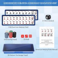 Ensemble de jeu de mahjong américain de luxe, tuiles grandes et gravées blanches et bleues de 1,5 pouces, accessoires complets et sac de transport portable