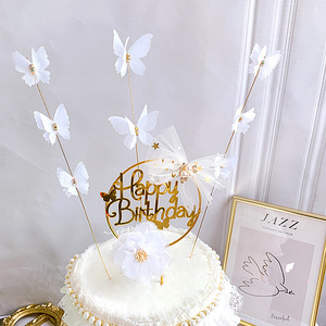 Décoration de gâteau en acrylique en forme de papillon, thème miel et douceur, avec anneau doré « Joyeux Anniversaire » et papillons blancs - Product Image 1