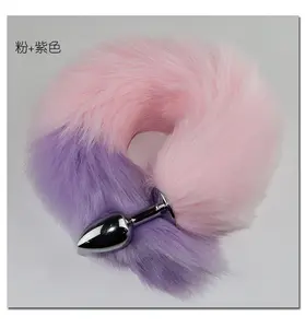 Long Two Colors Mixed Fox Dog Tail Anal Plug Tail Metal Butt Anal Plug for Male