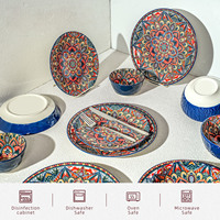 Service de table en céramique bleu de style bohème, 20 pièces, 8 pouces, avec bols à pâtes, passe au lave-vaisselle et au four, pour les fêtes