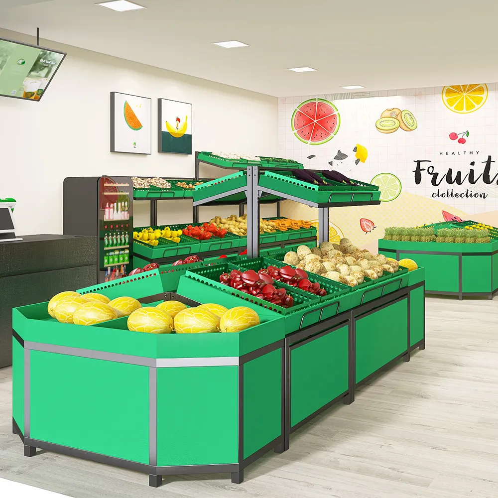 Süpermarket ve mağaza ve bakkal alışveriş özelleştirilmiş sebze ve meyve rafı