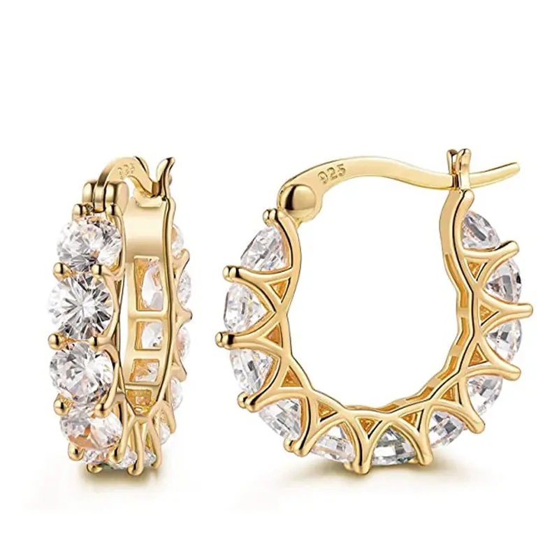 Anting-anting kualitas tinggi perhiasan Perancis bergaya S925 perak murni bentuk U berlapis emas berlian penuh zirkon kubik anting-anting Hoop