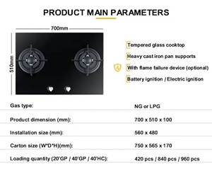 Hot Sale <b>Kitchen</b> Appliances Two Burner Cooker 70cm Tempered Glass Built <b>in</b> Gas Stove for Home - Product Image 2