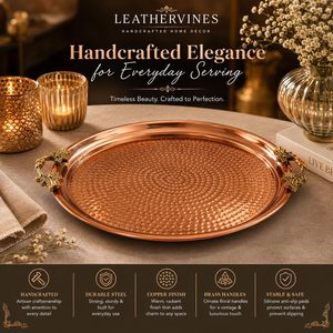 Leathervines Hammered Copper Tray 14 Inch Round With Brass Handles For Coffee <b>Table</b> Decorative Serving Tray - Product Image 2