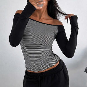 Casual Streetwear <b>Off</b>-<b>Shoulder</b> <b>Long</b> <b>Sleeve</b> Jersey <b>Top</b> with Color-Blocked Striped Detail Slim Fit Versatile Women's T-Shirt - Product Image 5