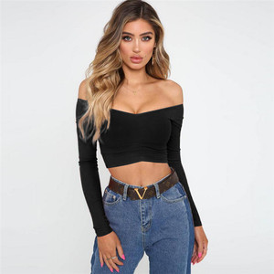 <strong>T</strong> <strong>Shirt</strong> Women Casual off Shoulder <strong>Long</strong> Sleeve Crop Top Bandage Slim <strong>Ladies</strong> Tunique Femme Elegant Club Tops Tee - Product Image 3