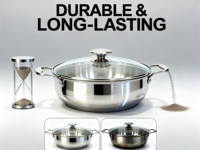 Ensemble de casseroles en acier inoxydable non revêtu au design moderne - Poêle à frire profonde et marmite avec couvercle en verre pour une cuisine saine