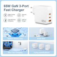 Chargeur GaN 65W, 3 ports USB C, 65W PD QC, adaptateur mural de charge rapide, prise EU, station de charge rapide multi-appareils pour ordinateur portable, téléphone