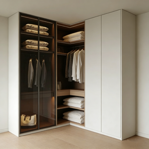 Armoire de chambre à coucher sur mesure professionnelle avec coiffeuse et vitrine de rangement à portes vitrées avec tiroirs - Product Image 1