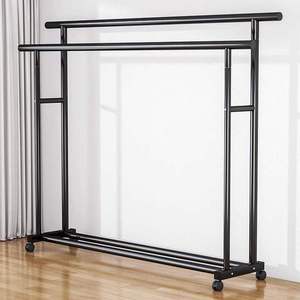 Black <b>Metal</b> Double Rod <b>Coat</b> <b>Rack</b> Rolling Garment <b>Rack</b> with Wheels Clothes Hanger Stand for Bedroom - Product Image 4