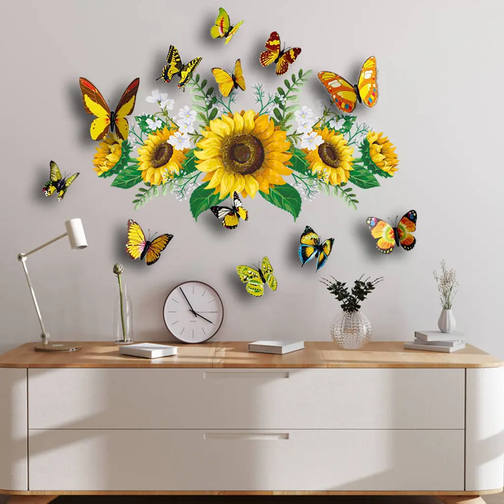 Лидер продаж, 3D Наклейка на стену в виде подсолнуха, бабочек, декоративная Съемная Настенная Наклейка для гостиной