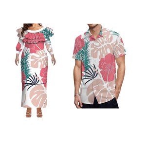 تصميم نمط جديد مقاس كبير مباراة زوجين ملابس tong Samoa Puletasi فستان مخصص سيدة طويلة الأكمام فستان Aloha الرجال قميص 2 قطعة - Product Image 3
