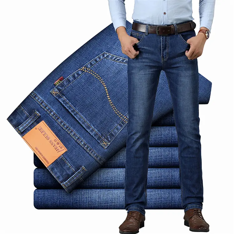 New Wholesale Summer Thin Business Jeans Mens Dark Blue Casual Formal Straight Regular Embroidery Men's Jeans