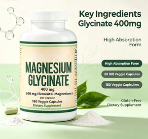 Glycinate de magnésium 400 mg 180 capsules Soutien sommeil, muscles, cœur Végétalien Sans gluten Non-OGM par Double Wood Supplements - Product Image 1