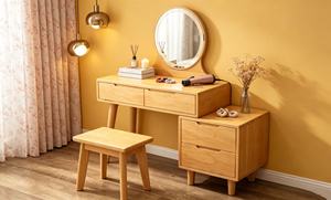 Coiffeuse scandinave en bois de hêtre massif avec miroir éclairé et tiroirs de rangement pour chambre à coucher - Product Image 6