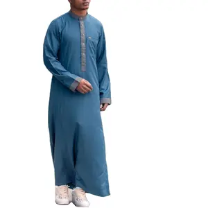 Fabrika toptan fiyat müslüman giyim fas erkekler katı renk işlemeli uzun elbise Robe