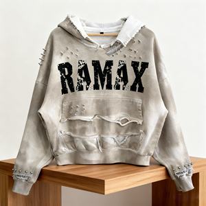Sweat à capuche zippé <span class=keywords><strong>RAMAX</strong></span> OEM 500 GSM, logo personnalisé de haute qualité, 100% coton peigné, épaules tombantes, délavé, effet usé - Product Image 1