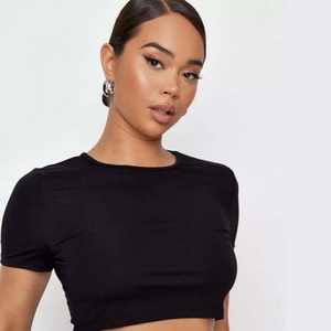 Camiseta de manga corta con cuello redondo para mujer, Top corto, chaleco elástico liso, moda de verano - Product Image 1