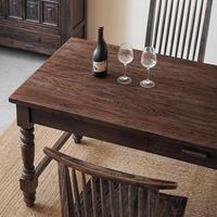 Vintage Massivholz-Esstisch mit Schublade Wabi Sabi Antik Geschnitzte Beine Rechteckiges Tischset für Esszimmer