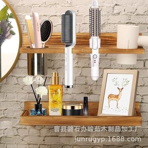 Soporte de pared de madera para secador de pelo con almacenamiento para afeitadora y cosméticos para baño - Product Image 1