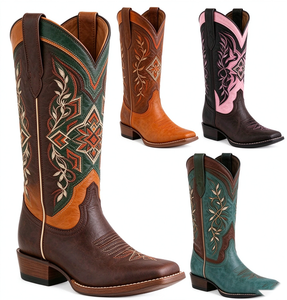 Chaussures western rétro personnalisées pour femmes, broderies, bottes de cow-boy, bout carré, cuir, talon épais, bottes western pour filles - Product Image 1