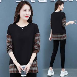 Women's Plaid <b>Patchwork</b> Sweatshirt Set Cotton Lined Loose Casual Autumn Spring Base Layer <b>Top</b> Black Coffee Color - Product Image 2