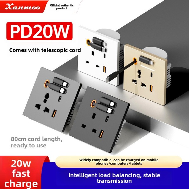 Home PD 20W Fast Charge USB C Port Smart Socket Retractable Line Universal Mobile Phone Charging Type C Outlet PC Panel Socket