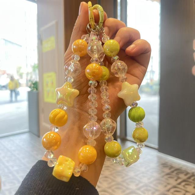Handmade Beaded Crystal Pentagram Phone Lanyard Colorful Electroplated Keychain Gold Plating Women's Hanging Chain Bag Pendant