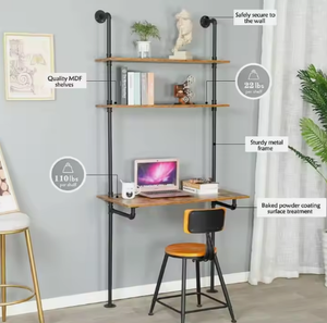 Industrial <strong>Desk</strong>, Computer Laptop <strong>Desk</strong> with <strong>Shelves</strong>, Industrial Bookcase <strong>Desk</strong> Wall Mount <strong>Floating</strong> Pipe Table with Storage - Product Image 3