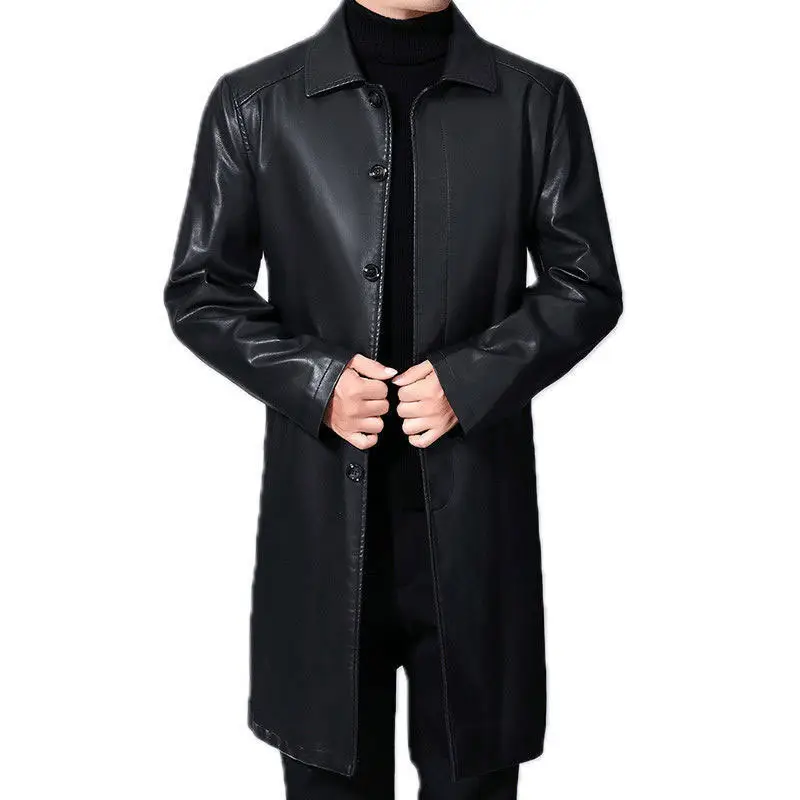 Manteau en cuir épais longueur genou pour hommes, 12 couleurs, long manteau en cuir épais à revers en fourrure one veste en cuir