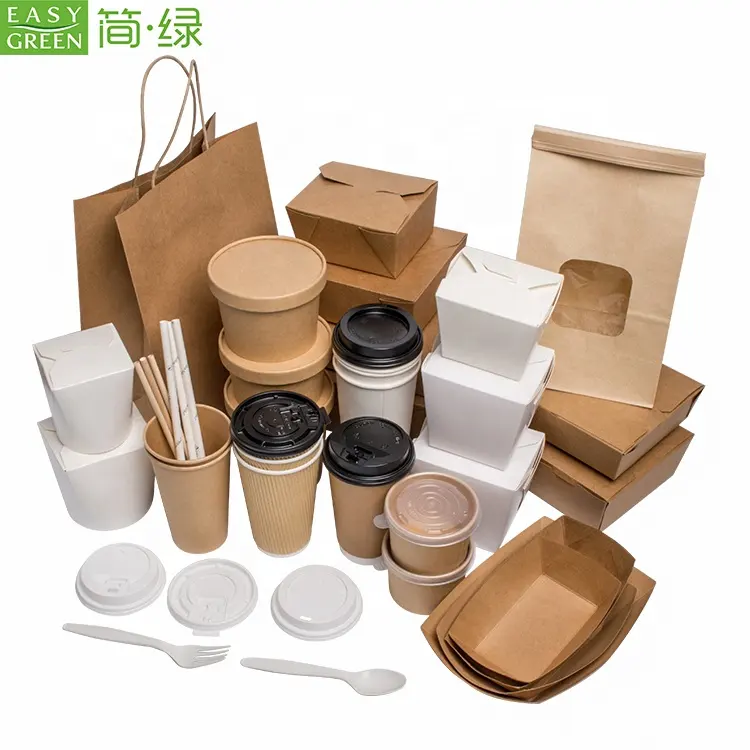 Easy Green disposable custom food packaging box kraft lunch paper coffee cup table dinnerware set