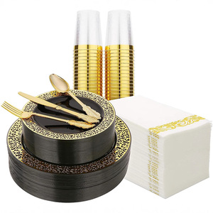 Ensemble de 70, 175, 350 ou 700 pièces : Assiettes jetables, verres à vin, couteaux, fourchettes et cuillères en plastique rigide PS, bordure <span class=keywords><strong>or</strong></span> rose, design ajouré - Product Image 2