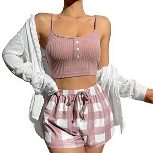 Women's 2-Piece Pink Striped Knitted Lounge Set V-neck Sleeveless Crop Top Shorts Elastic Waist Breathable Casual Spring Summer - Product Image 2