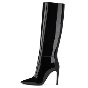 Factory Black Patent Leather Women Winter Stiletto High Heel Knee High Long Boot