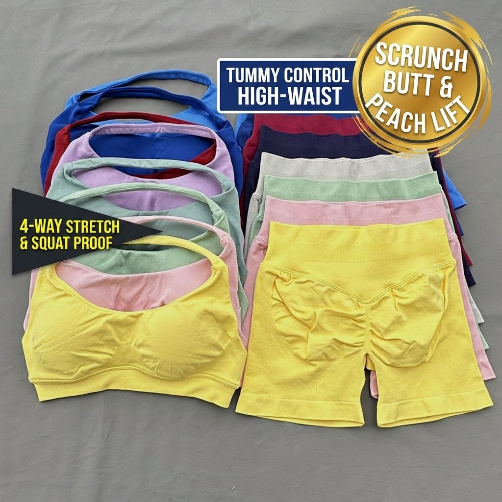 Women's High-Waisted Scrunch Yoga Shorts and Bra Set Spandex/Nylon Active Wear Set Sweat-Wicking Quick Dry Four-Way Stretch Gym