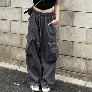 Rahat moda çoklu cepler anne Hip Hop sokak stili yüksek bel geniş bacak kot çanta yaz kadın Vintage gri kargo pantolon