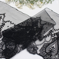 Dentelle brodée florale noire de luxe, 21 cm, en tulle doux, pour la décoration de robes Abaya haut de gamme pour femmes