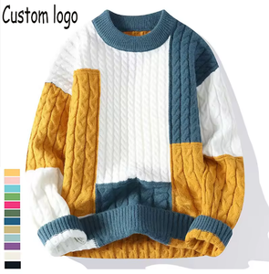 Pull en tricot à blocs de couleurs pour hommes avec logo personnalisé-Pull à col rond Streetwear à la mode, tricots chauds et décontractés pour l'automne et l'hiver - Product Image 1