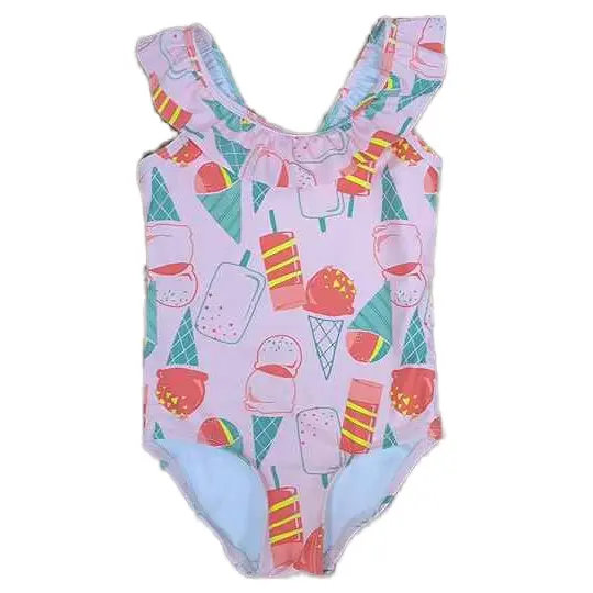 Summer Baby Girl Swimwear Breathable Anti-UV Quick Dry Ice Cream Printed Bikini with Cute Cartoon Design