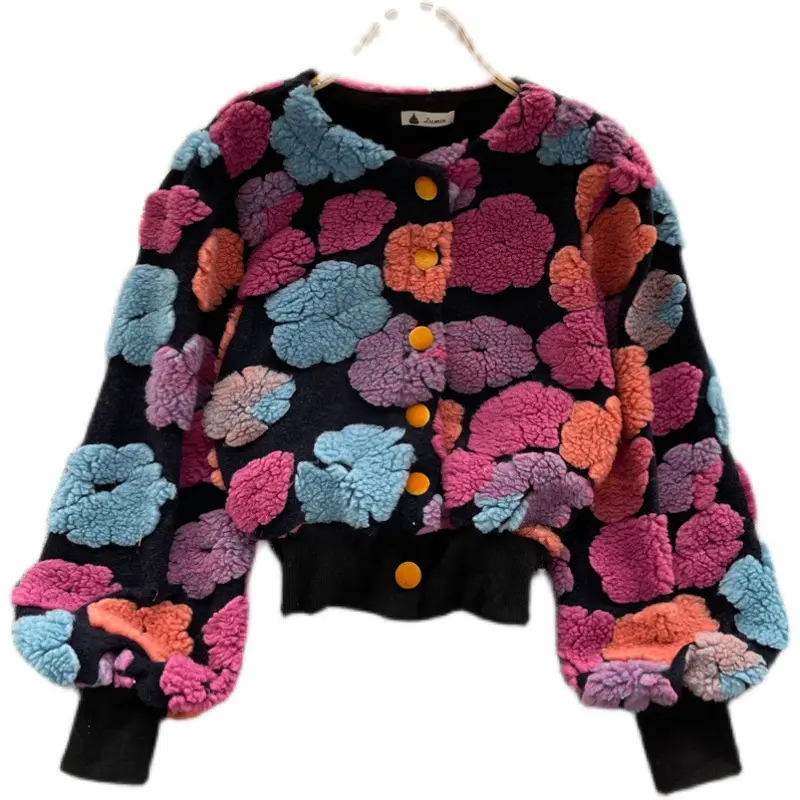 New Trend Streetwear Autumn Winter Long Sleeve Fuzzy Floral Single-Breasted Flower Jackets Woman Coat Outfits